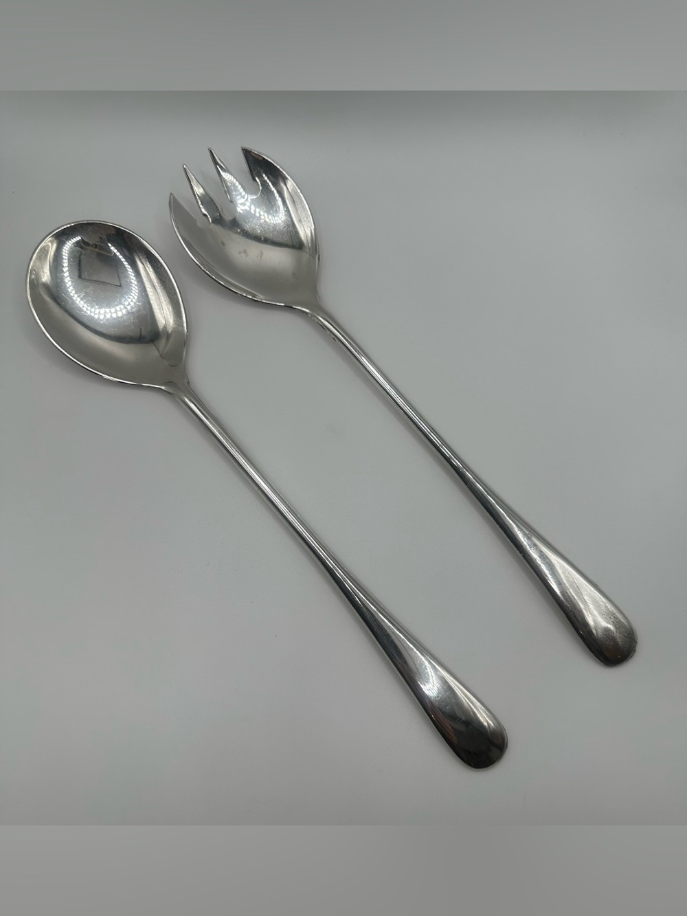 Salad Servers Fork Spoon Silver Plated Utensils Italy 9" Shiny Modern